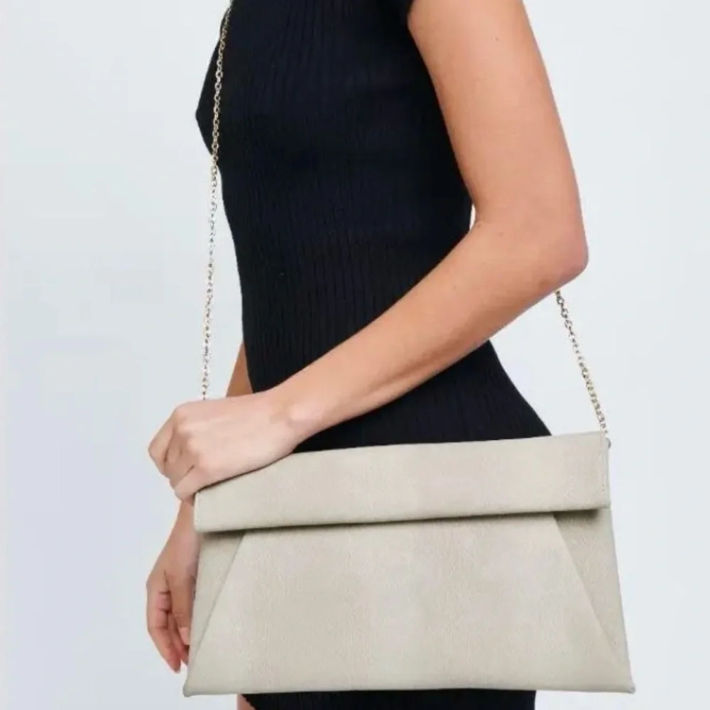 Elegant Tan Clutch with Gold Chain